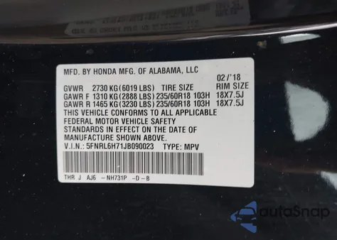 2018 Honda Odyssey Ex-L из США, поврежденный, VIN 5FNRL6H71JB090023